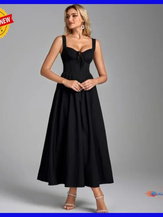 Corset Midi Dress Lace Up Back A-Line Flowy Formal Wedding Guest Sundress - Picture 4 of 6